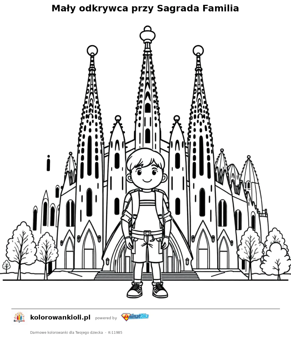 Mały odkrywca przy Sagrada Familia — kolorowanka do wydruku dla dzieci