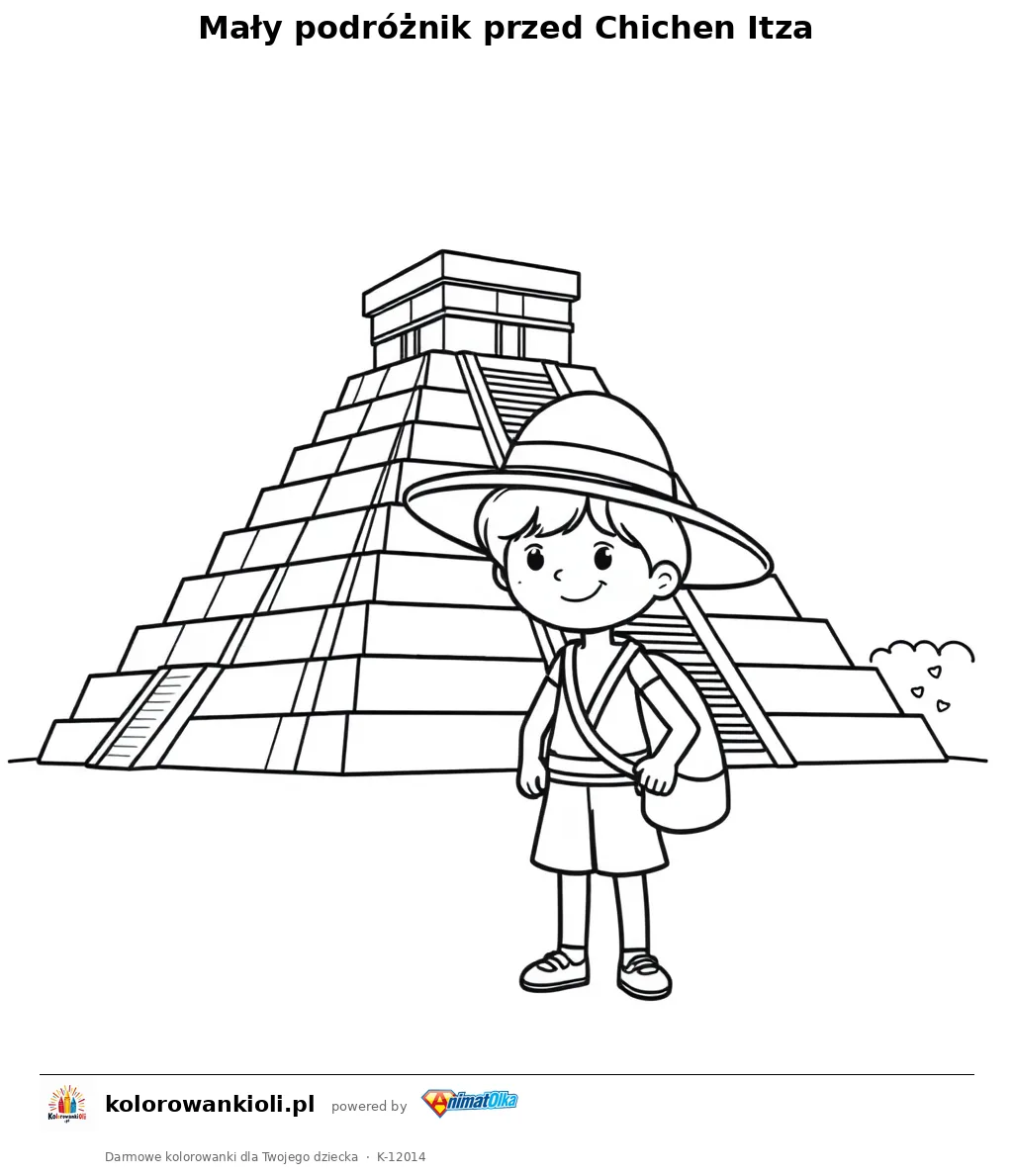 Mały podróżnik przed Chichen Itza — kolorowanka do wydruku dla dzieci