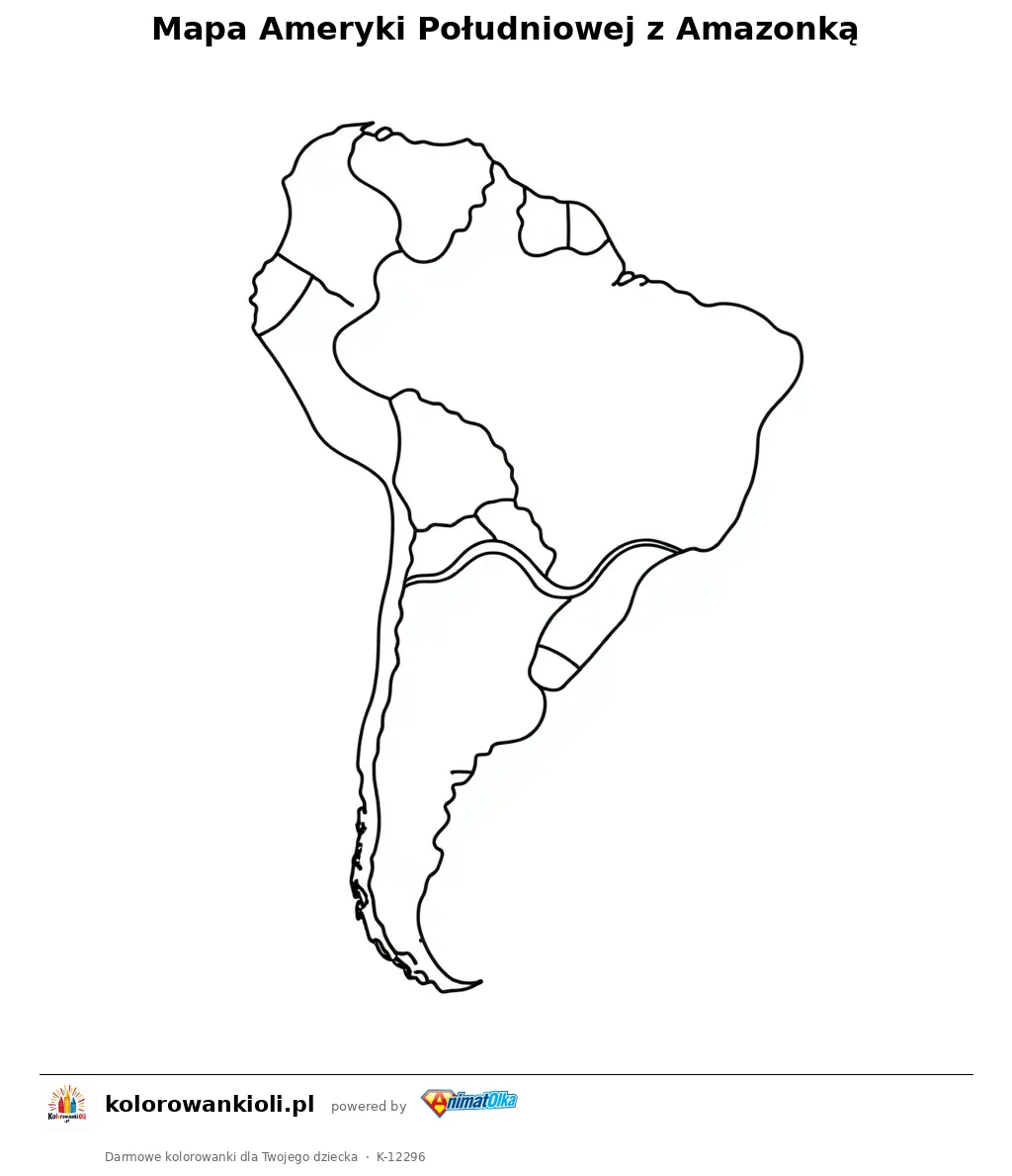 Mapa Ameryki Poludniowej z Amazonka — kolorowanka do wydruku dla dzieci