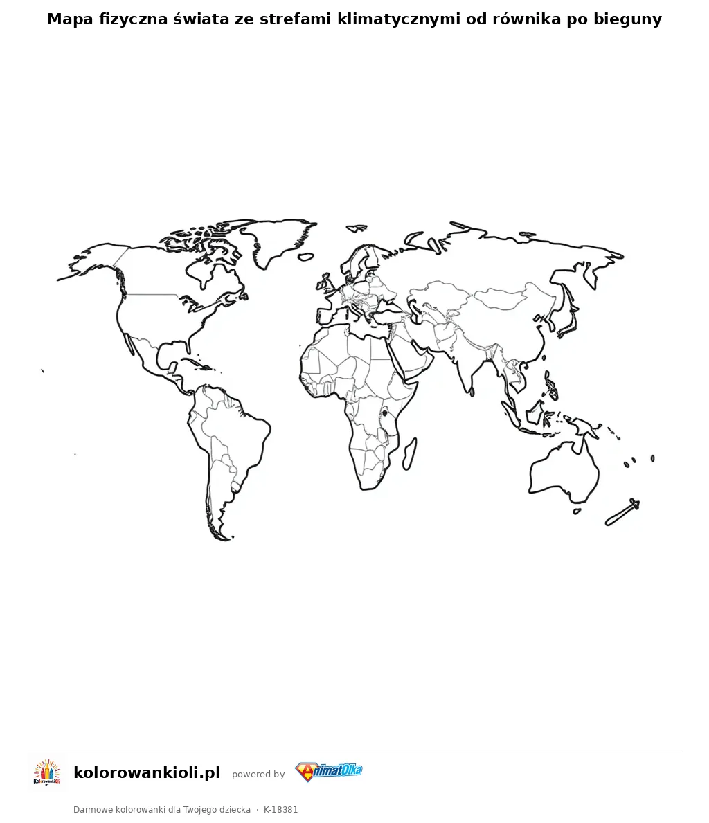 Mapa fizyczna świata ze strefami klimatycznymi od równika po bieguny — kolorowanka do wydruku dla dzieci