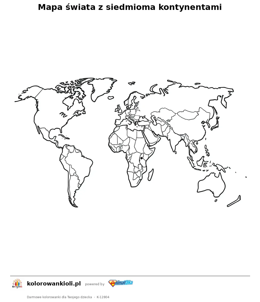 Mapa świata z siedmioma kontynentami — kolorowanka do wydruku dla dzieci