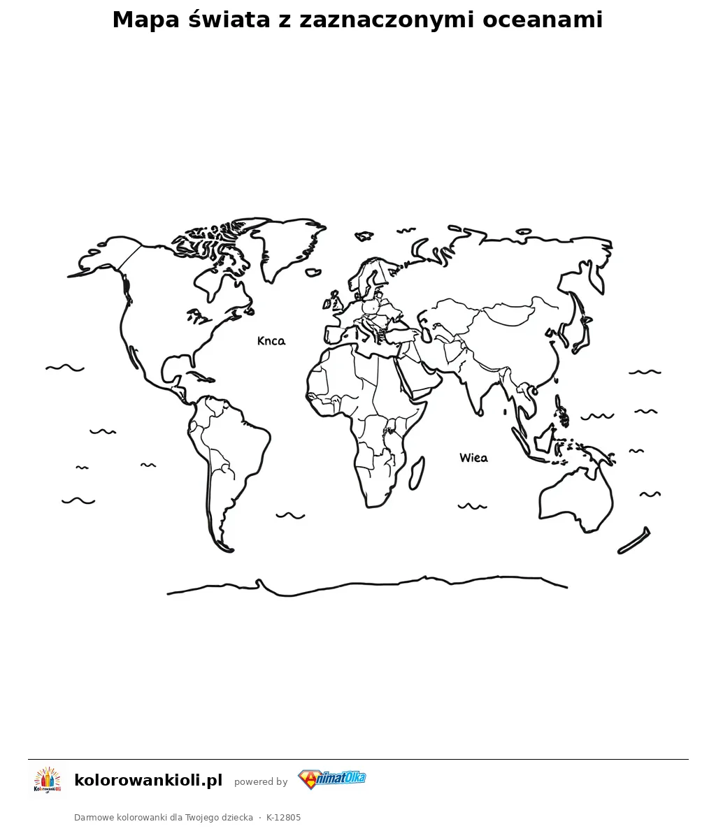 Mapa świata z zaznaczonymi oceanami — kolorowanka do wydruku dla dzieci