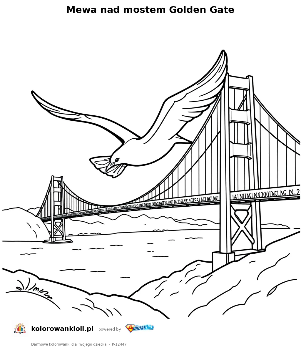 Mewa nad mostem Golden Gate — kolorowanka do wydruku dla dzieci