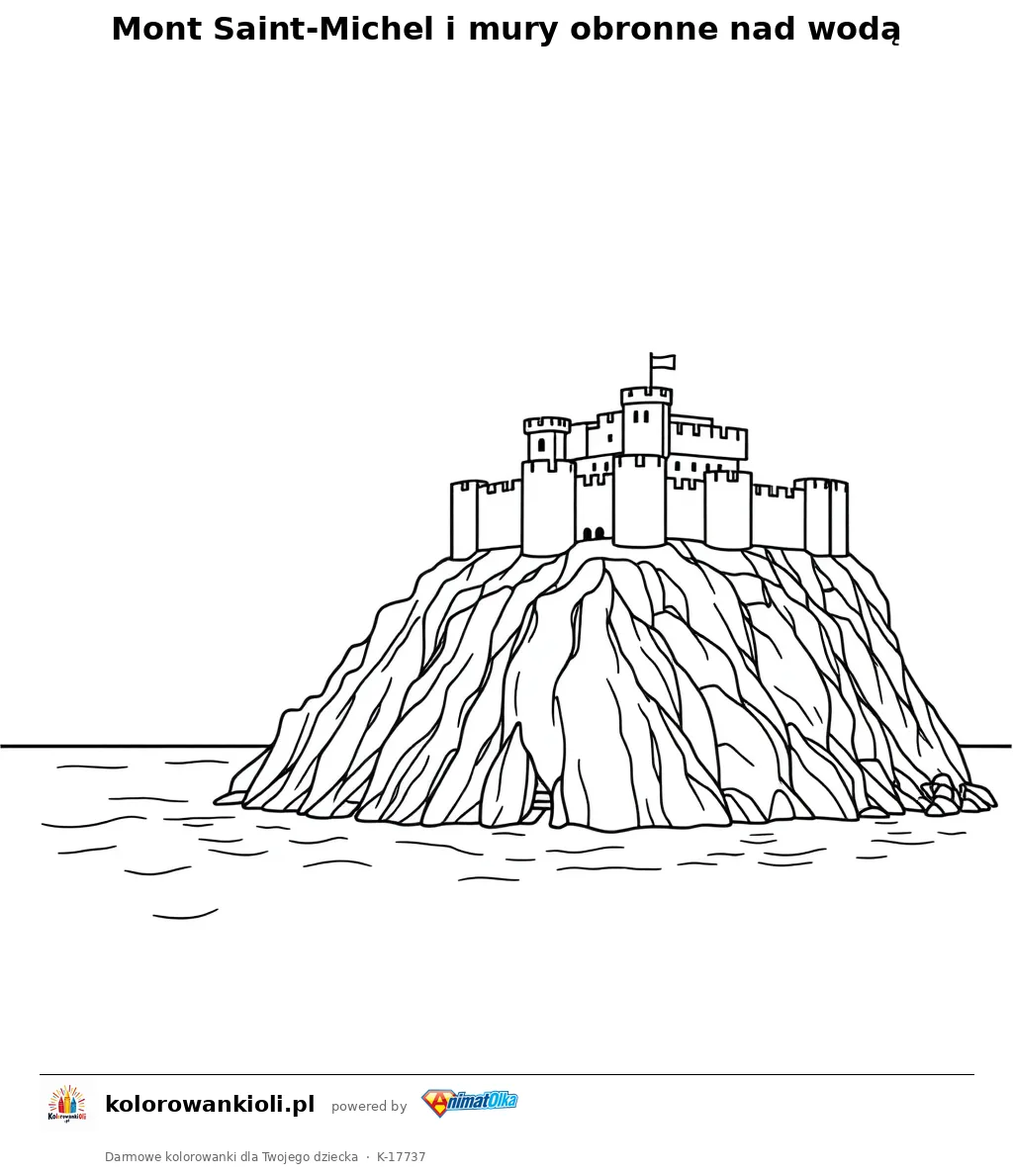 Mont Saint-Michel i mury obronne nad wodą — kolorowanka do wydruku dla dzieci