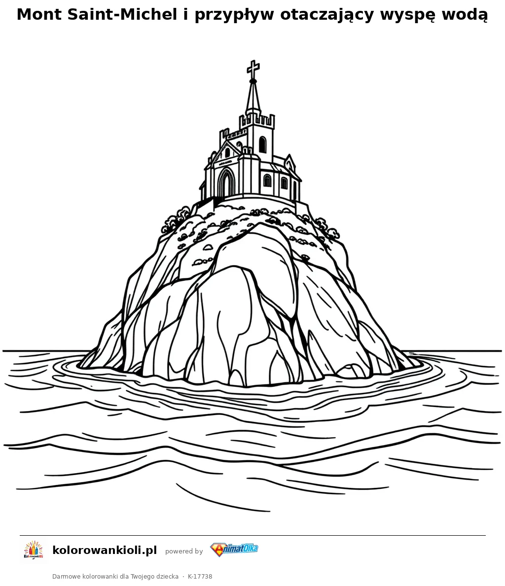 Mont Saint-Michel i przypływ otaczający wyspę wodą — kolorowanka do wydruku dla dzieci