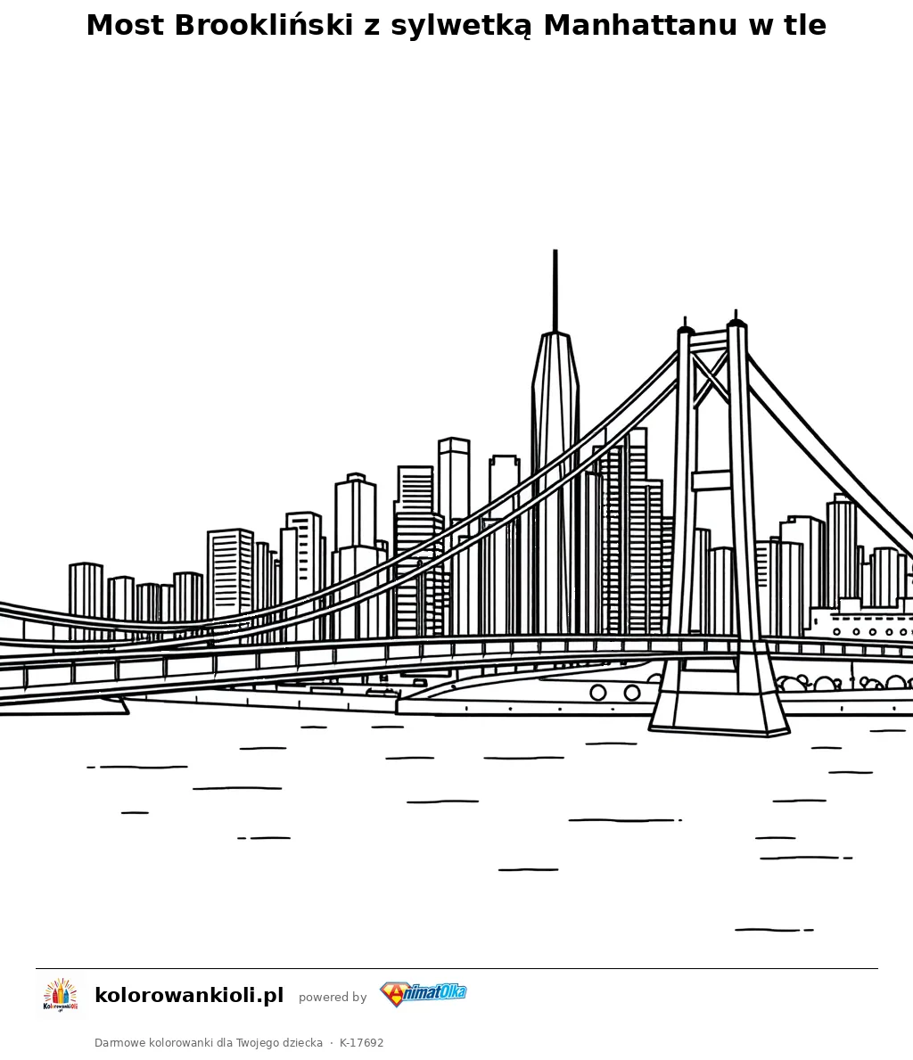 Most Brookliński z sylwetką Manhattanu w tle — kolorowanka do wydruku dla dzieci