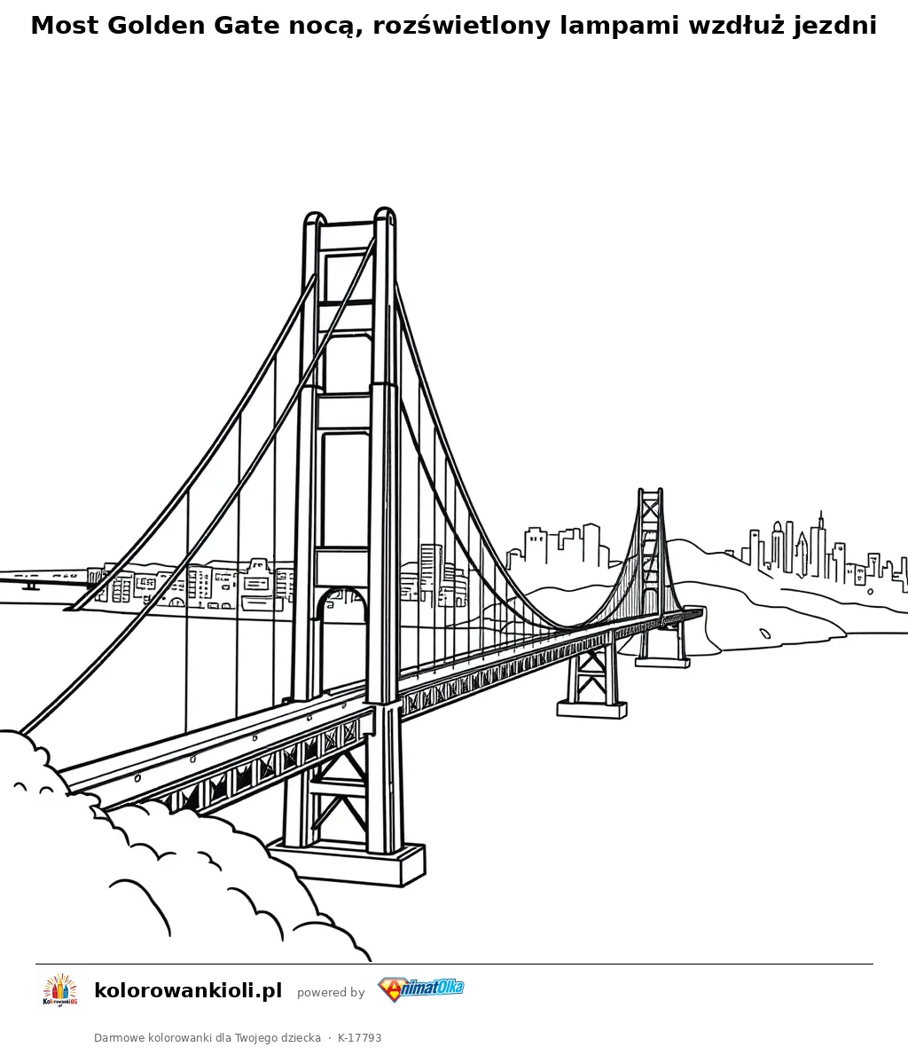 Most Golden Gate nocą, rozświetlony lampami wzdłuż jezdni — kolorowanka do wydruku dla dzieci