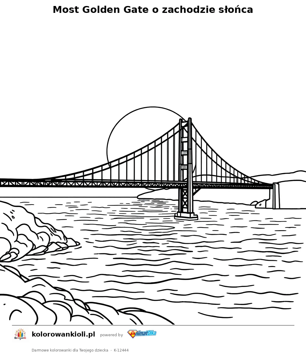 Most Golden Gate o zachodzie slonca — kolorowanka do wydruku dla dzieci
