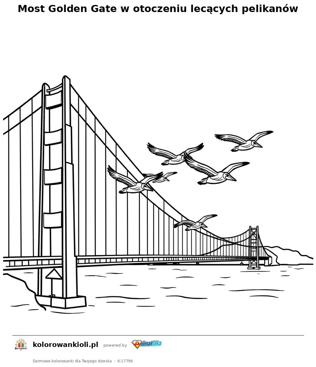 Most Golden Gate w otoczeniu lecących pelikanów — kolorowanka do wydruku dla dzieci