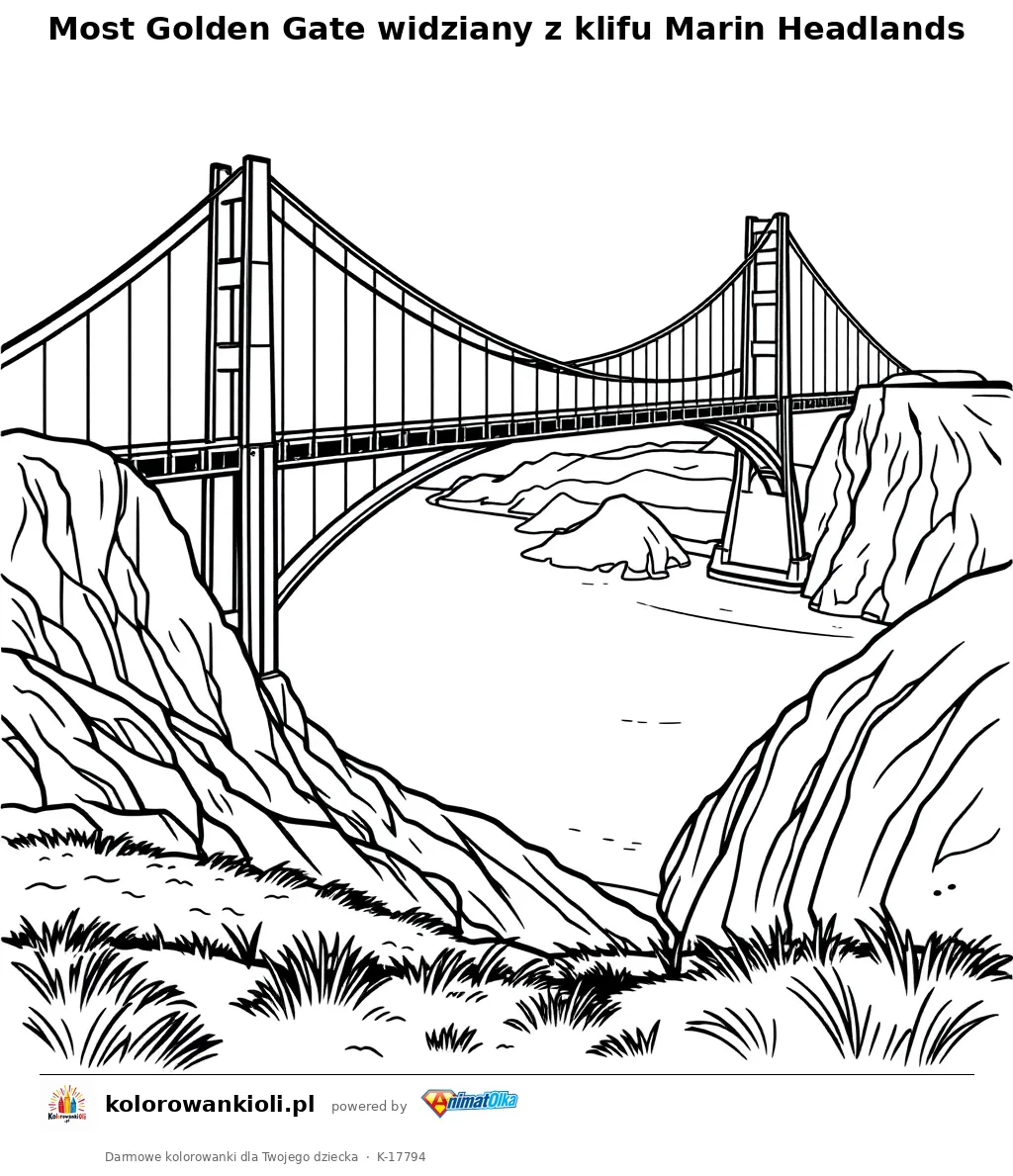 Most Golden Gate widziany z klifu Marin Headlands — kolorowanka do wydruku dla dzieci