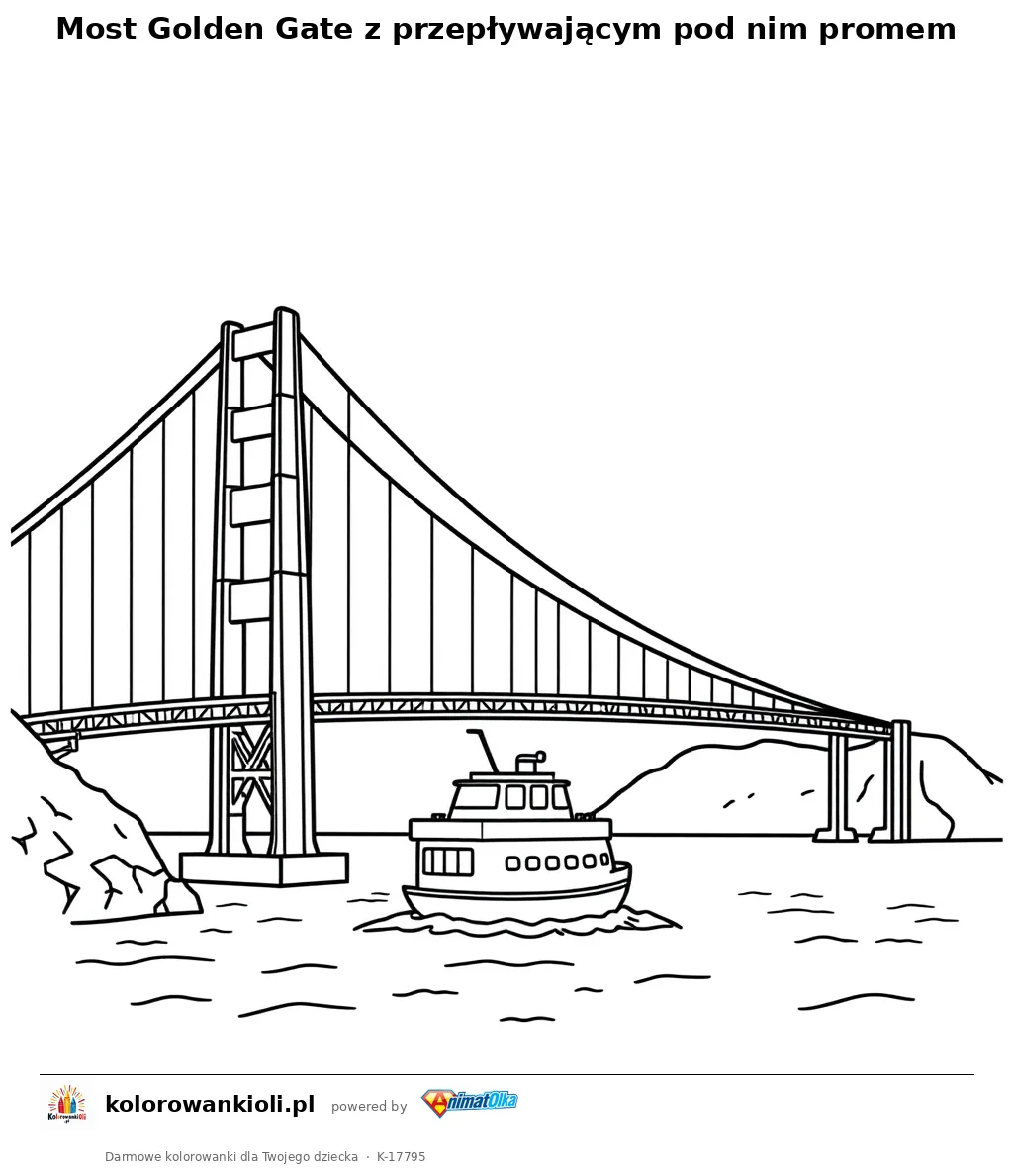 Most Golden Gate z przepływającym pod nim promem — kolorowanka do wydruku dla dzieci
