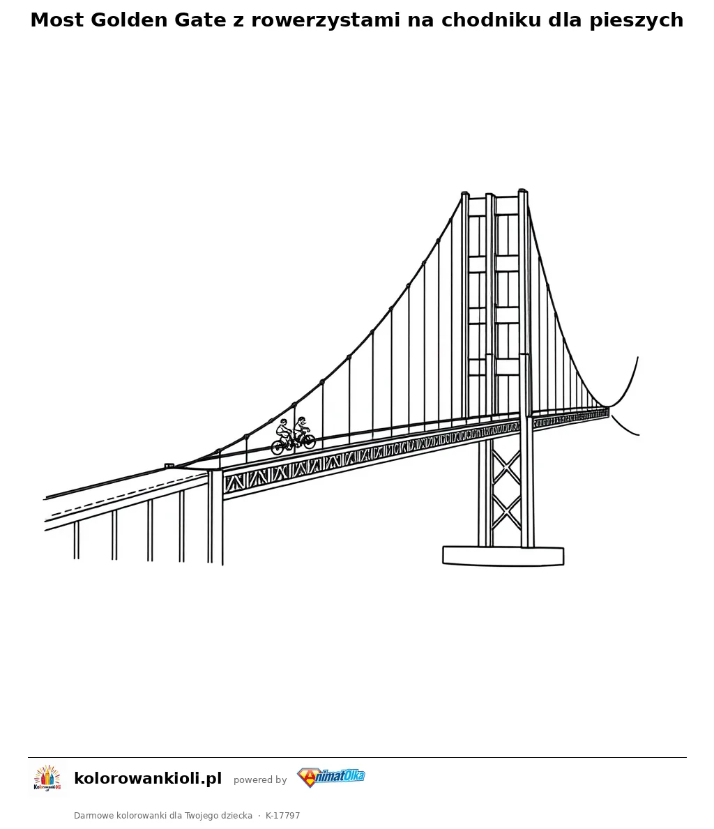 Most Golden Gate z rowerzystami na chodniku dla pieszych — kolorowanka do wydruku dla dzieci