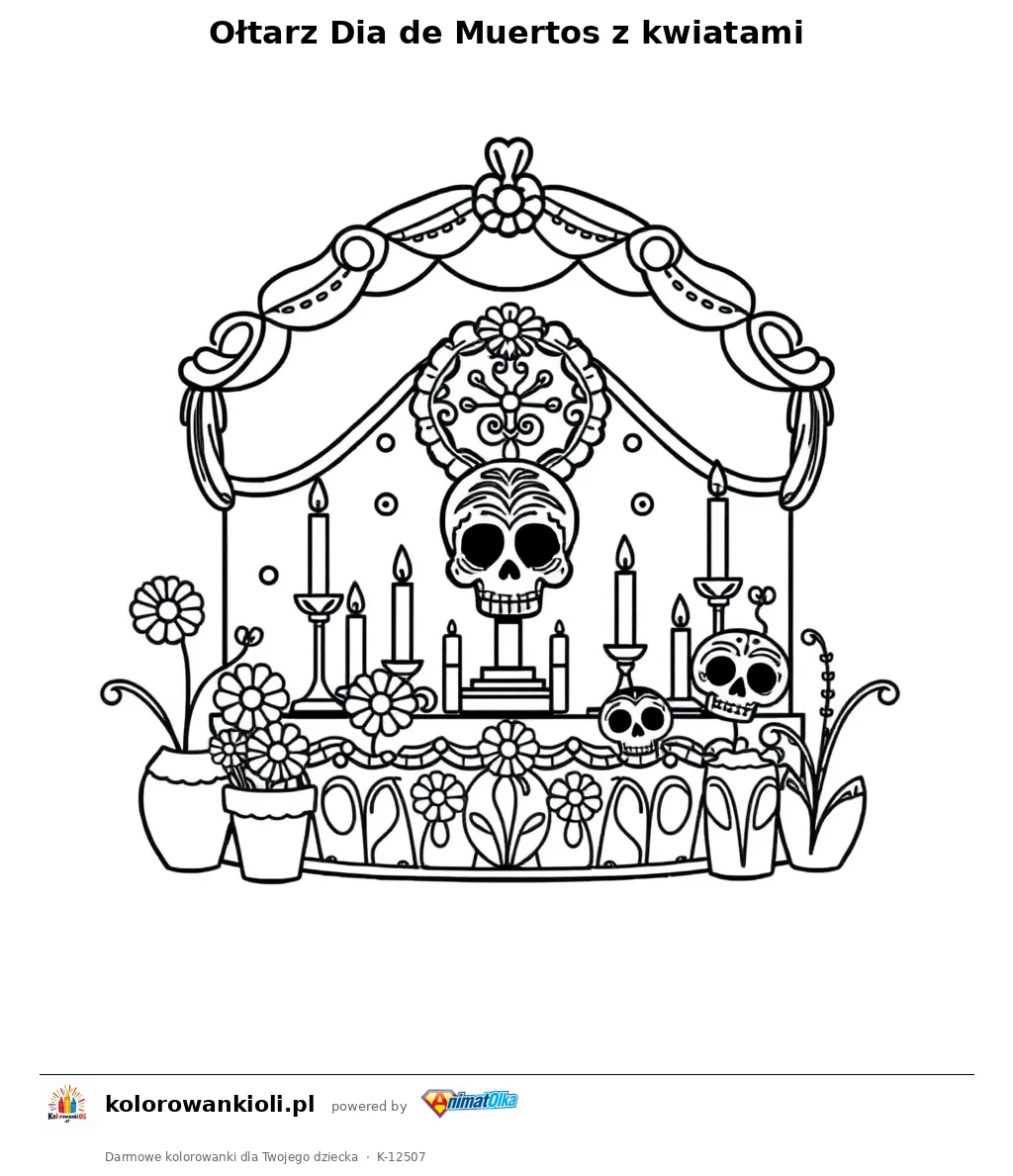Oltarz Dia de Muertos z kwiatami — kolorowanka do wydruku dla dzieci