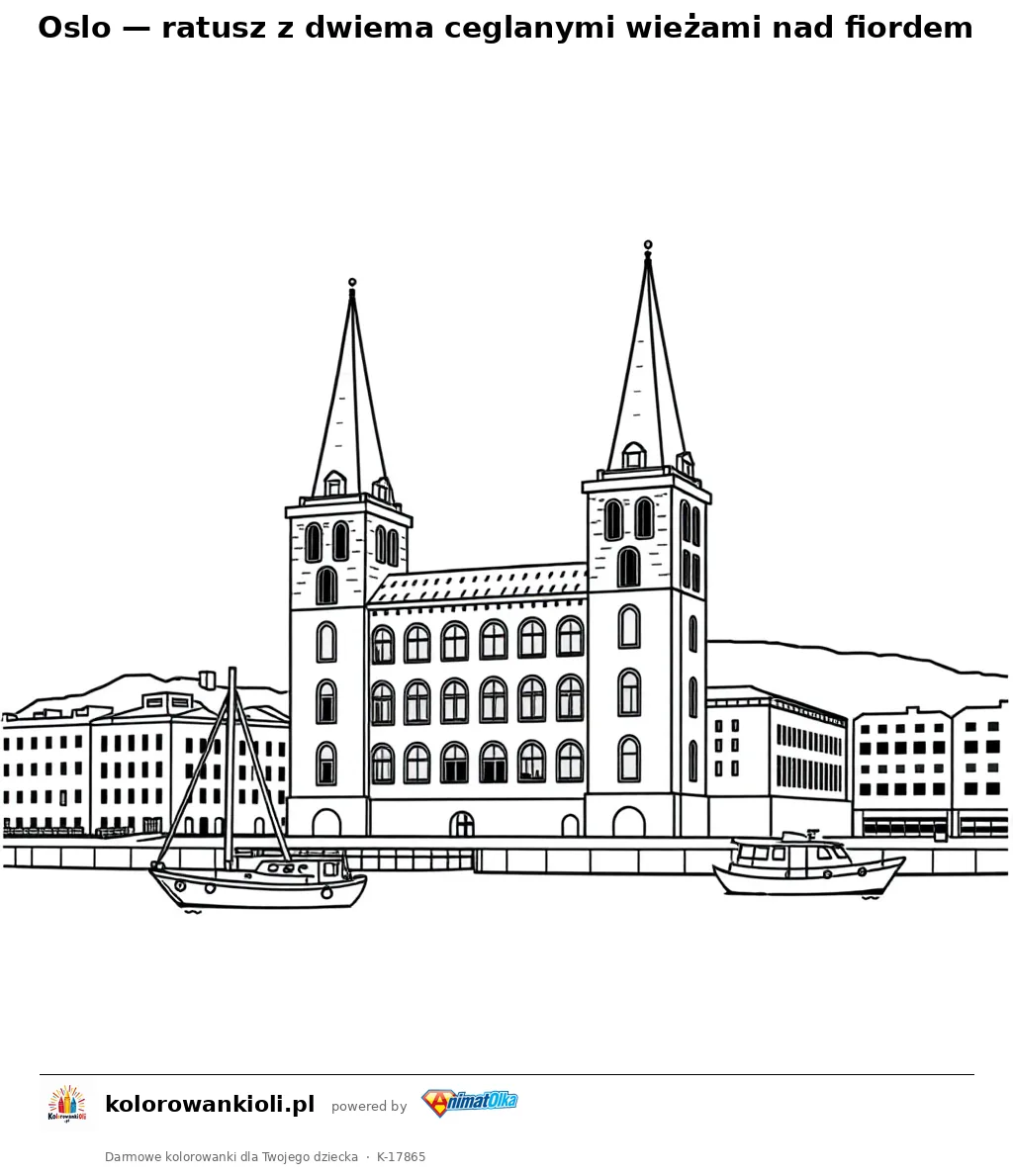 Oslo — ratusz z dwiema ceglanymi wieżami nad fiordem — kolorowanka do wydruku dla dzieci