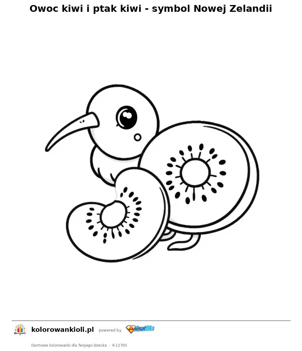 Owoc kiwi i ptak kiwi - symbol Nowej Zelandii — kolorowanka do wydruku dla dzieci