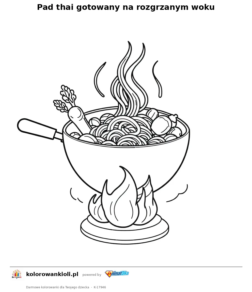 Pad thai gotowany na rozgrzanym woku — kolorowanka do wydruku dla dzieci
