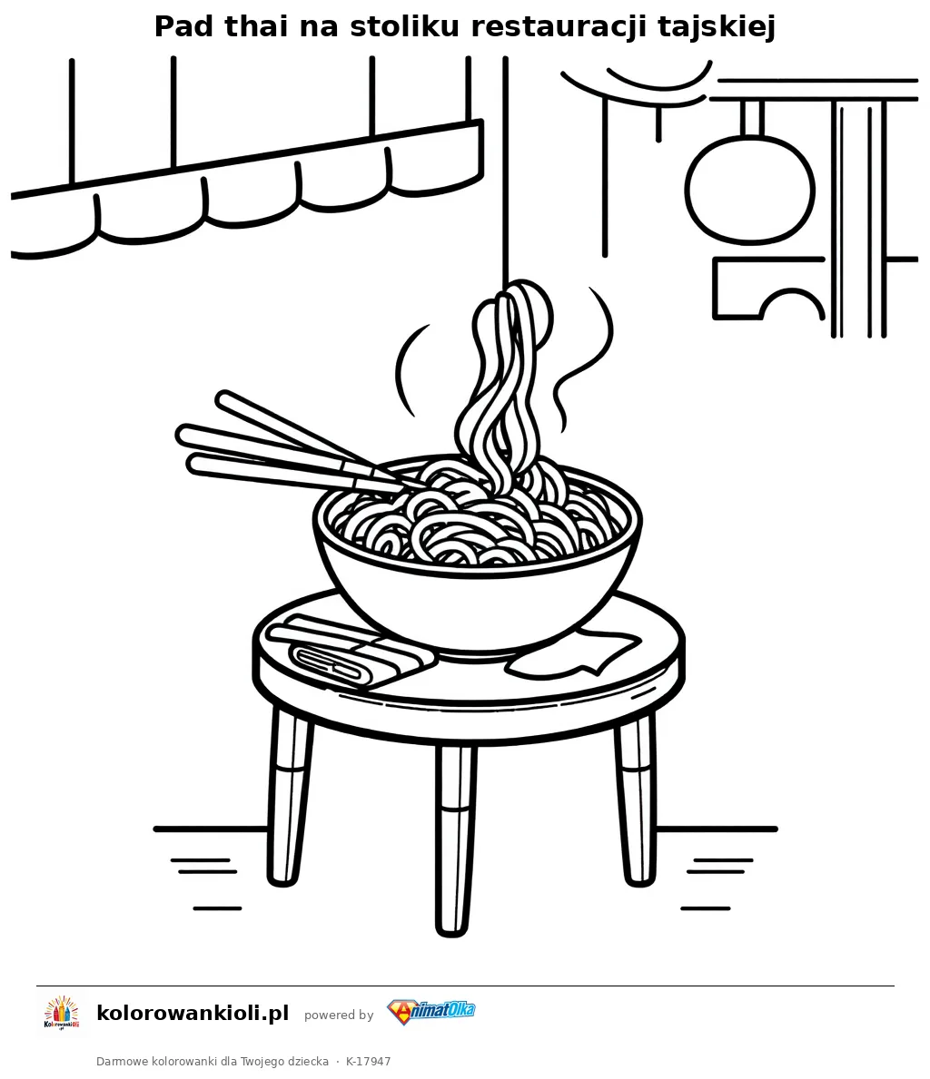 Pad thai na stoliku restauracji tajskiej — kolorowanka do wydruku dla dzieci