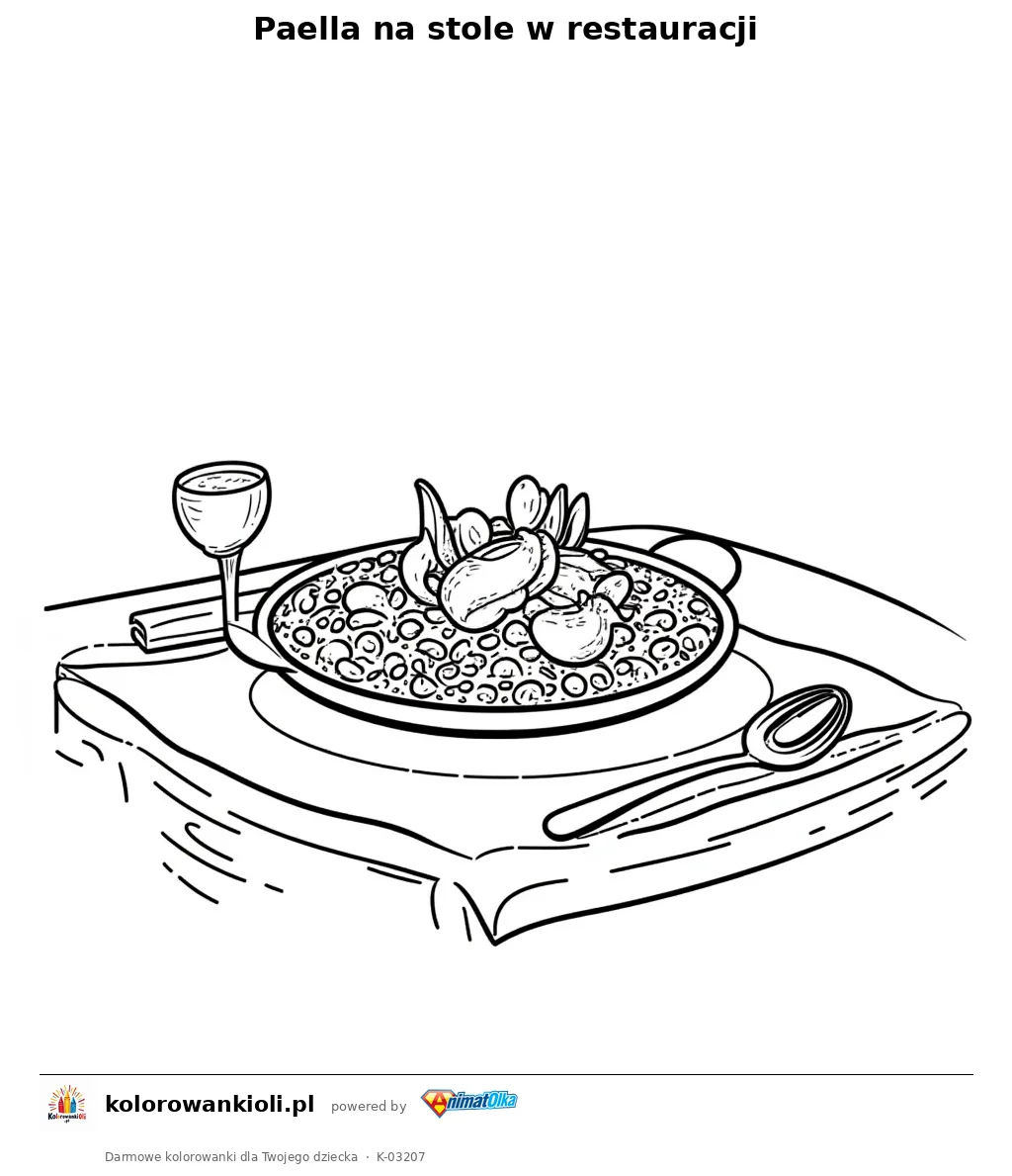 Paella na stole w restauracji — kolorowanka do wydruku dla dzieci