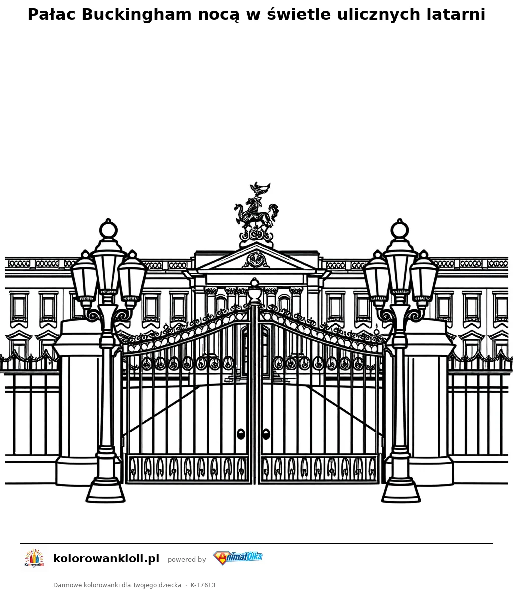 Pałac Buckingham nocą w świetle ulicznych latarni — kolorowanka do wydruku dla dzieci