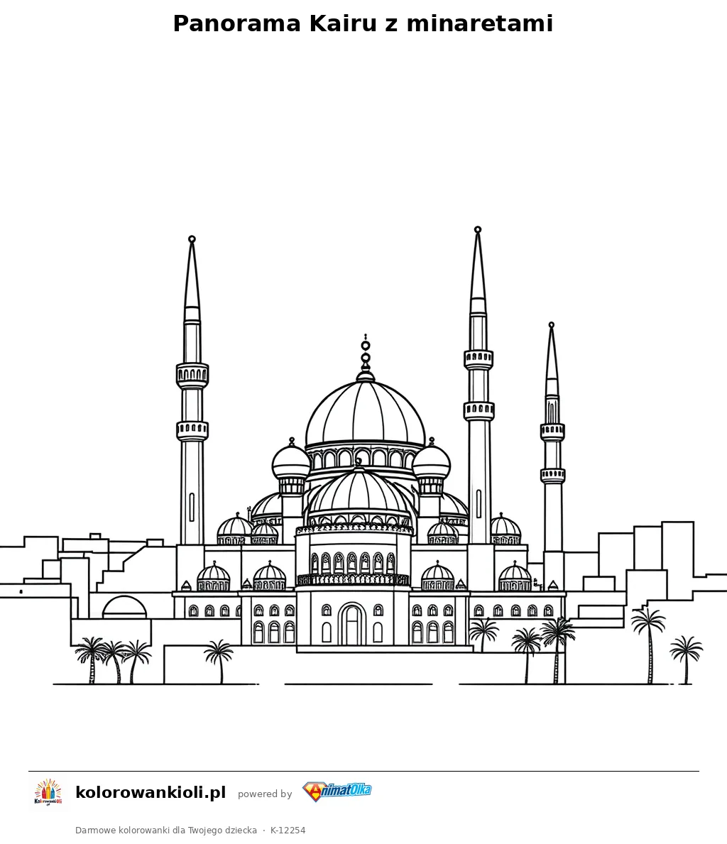 Panorama Kairu z minaretami — kolorowanka do wydruku dla dzieci