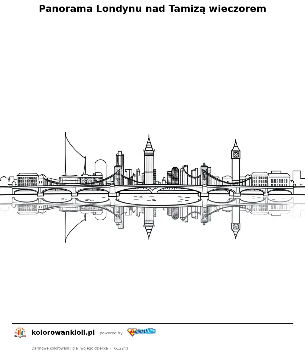 Panorama Londynu nad Tamiza wieczorem — kolorowanka do wydruku dla dzieci