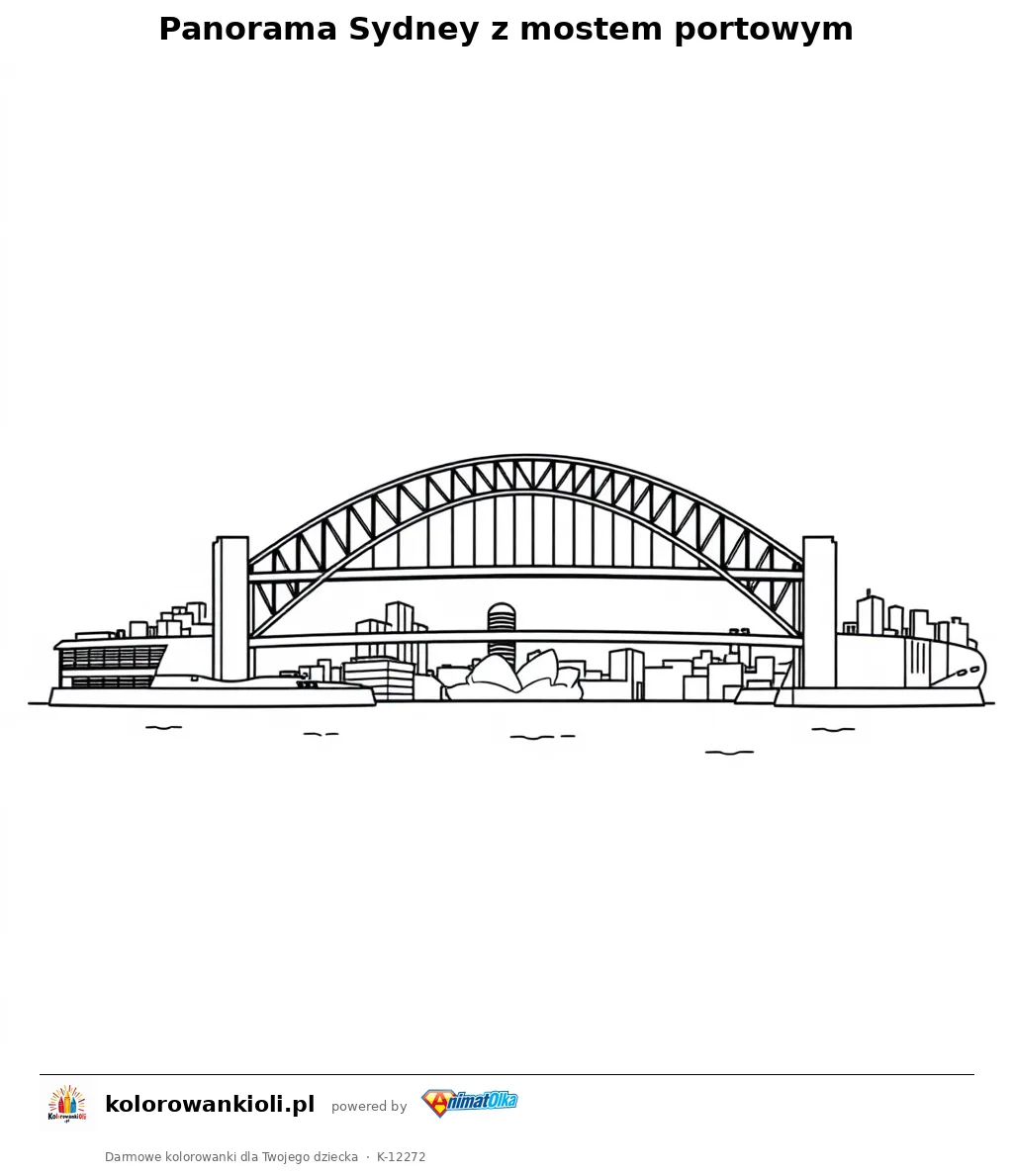 Panorama Sydney z mostem portowym — kolorowanka do wydruku dla dzieci