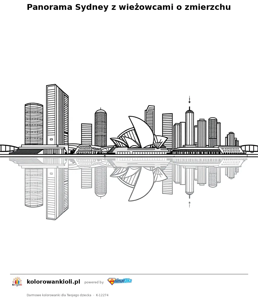 Panorama Sydney z wieżowcami o zmierzchu — kolorowanka do wydruku dla dzieci