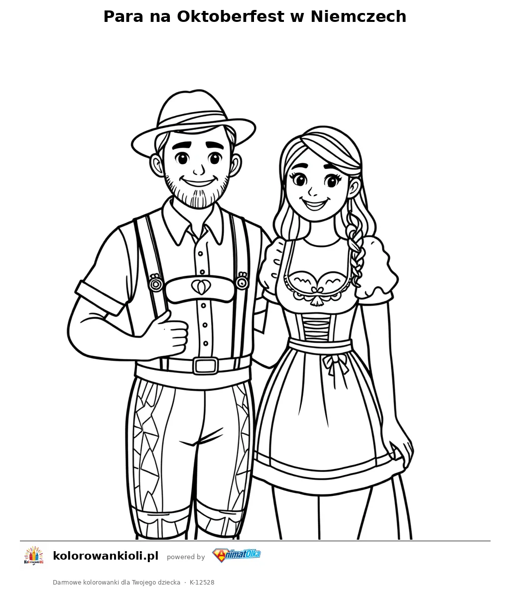 Para na Oktoberfest w Niemczech — kolorowanka do wydruku dla dzieci