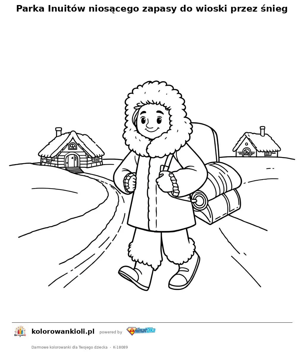 Parka Inuitów niosącego zapasy do wioski przez śnieg — kolorowanka do wydruku dla dzieci