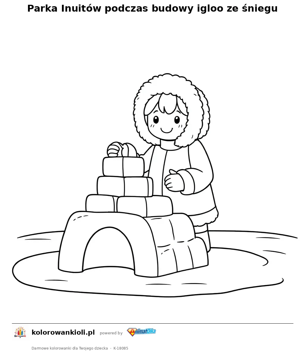 Parka Inuitów podczas budowy igloo ze śniegu — kolorowanka do wydruku dla dzieci