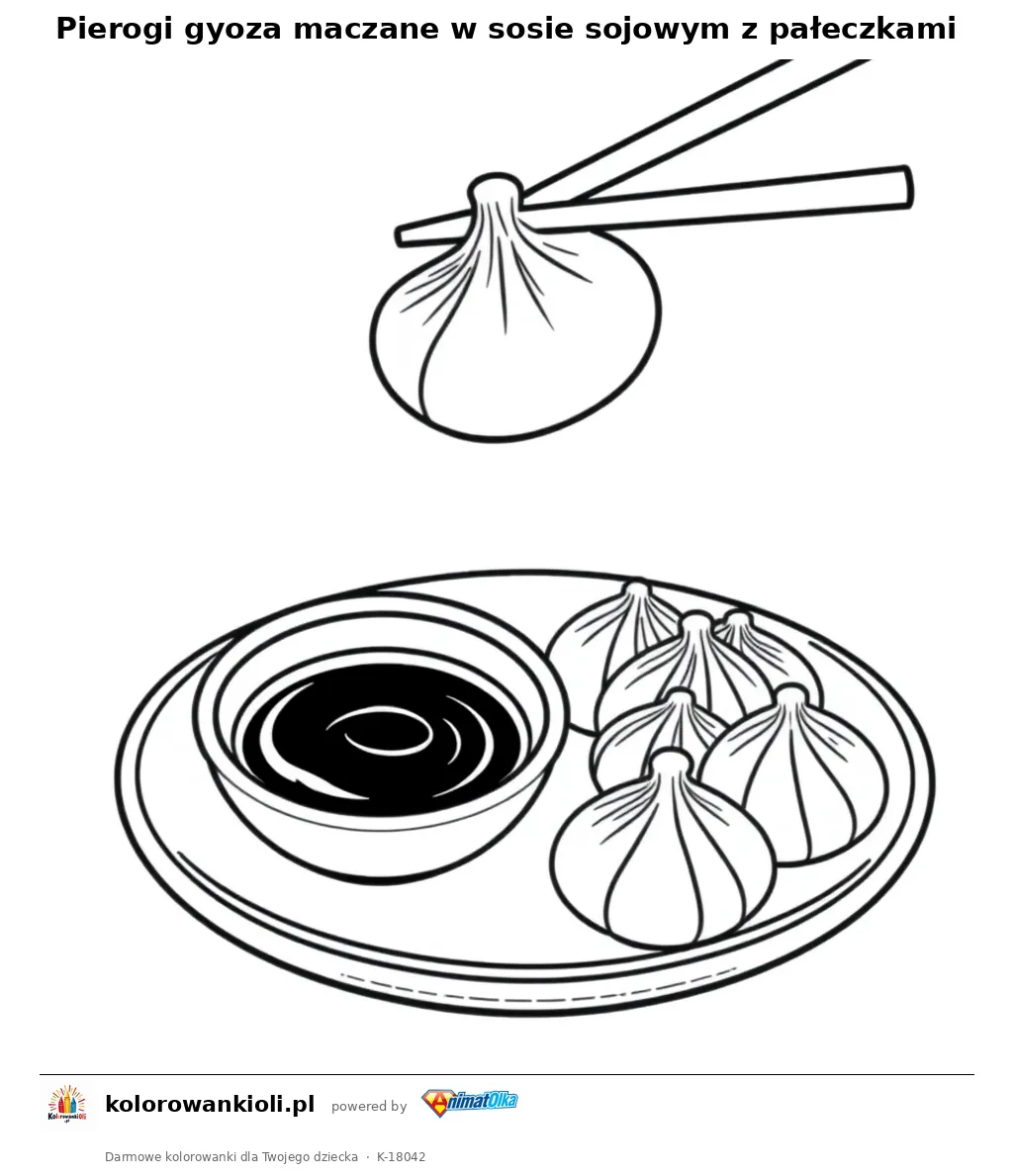 Pierogi gyoza maczane w sosie sojowym z pałeczkami — kolorowanka do wydruku dla dzieci