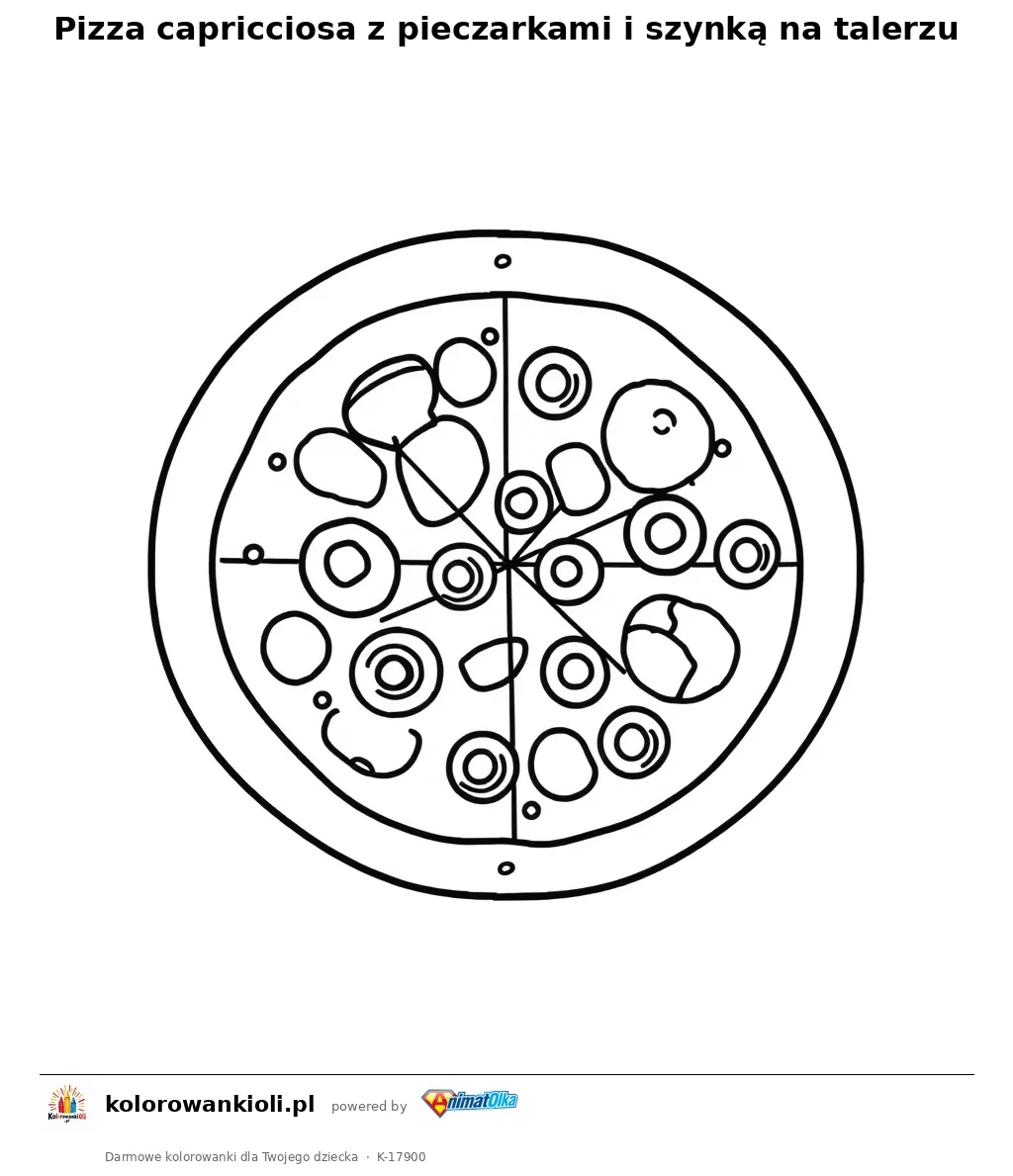 Pizza capricciosa z pieczarkami i szynką na talerzu — kolorowanka do wydruku dla dzieci
