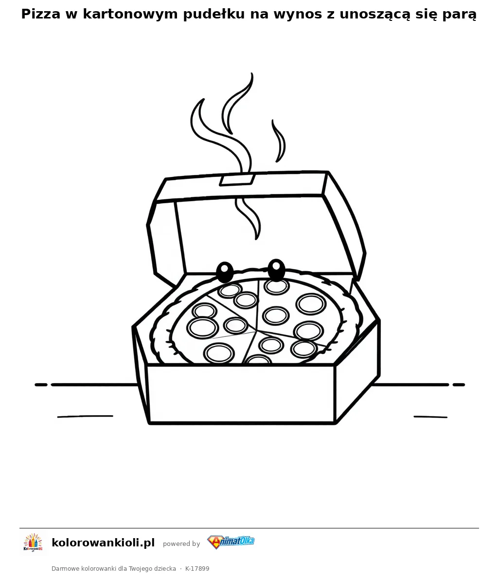 Pizza w kartonowym pudełku na wynos z unoszącą się parą — kolorowanka do wydruku dla dzieci
