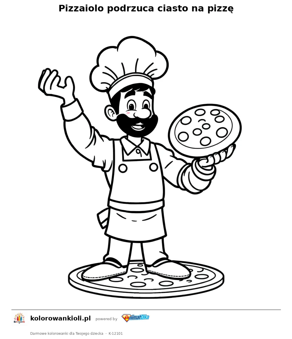 Pizzaiolo podrzuca ciasto na pizze — kolorowanka do wydruku dla dzieci