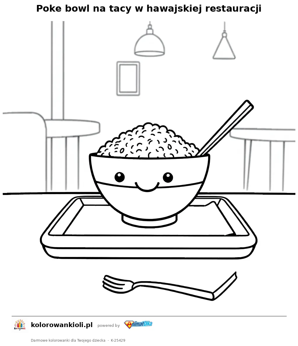 Poke bowl na tacy w hawajskiej restauracji — kolorowanka do wydruku dla dzieci