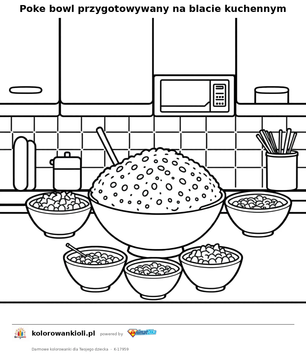 Poke bowl przygotowywany na blacie kuchennym — kolorowanka do wydruku dla dzieci