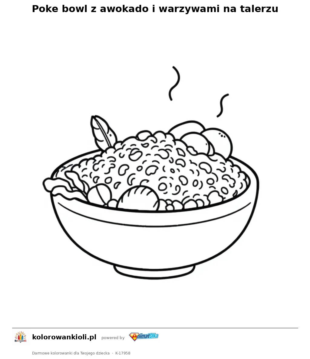 Poke bowl z awokado i warzywami na talerzu — kolorowanka do wydruku dla dzieci