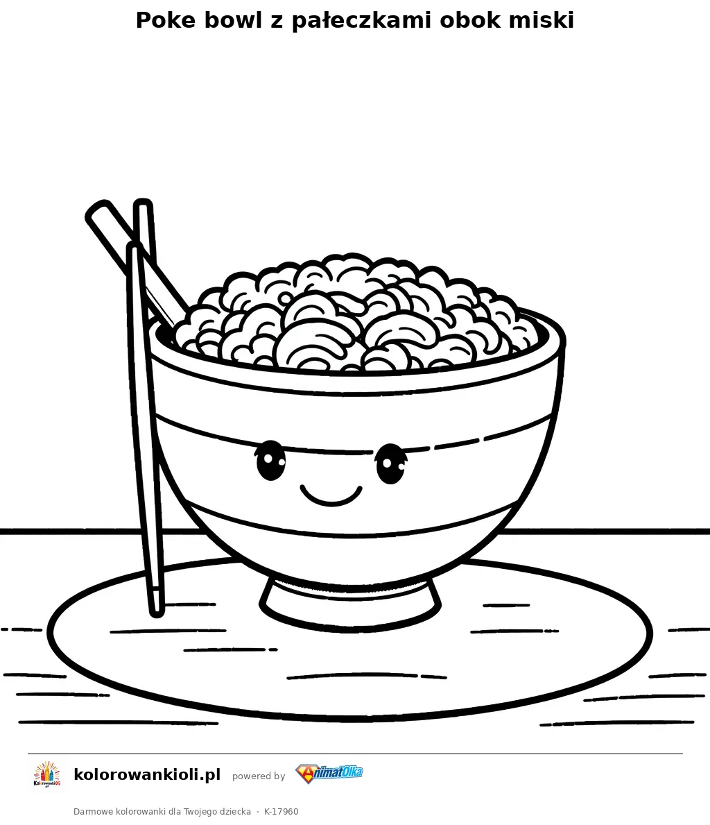 Poke bowl z pałeczkami obok miski — kolorowanka do wydruku dla dzieci