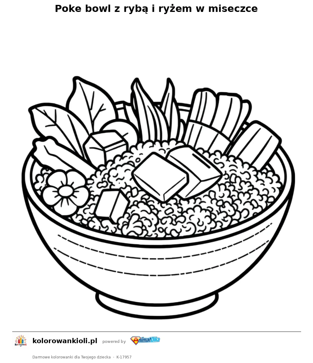 Poke bowl z rybą i ryżem w miseczce — kolorowanka do wydruku dla dzieci
