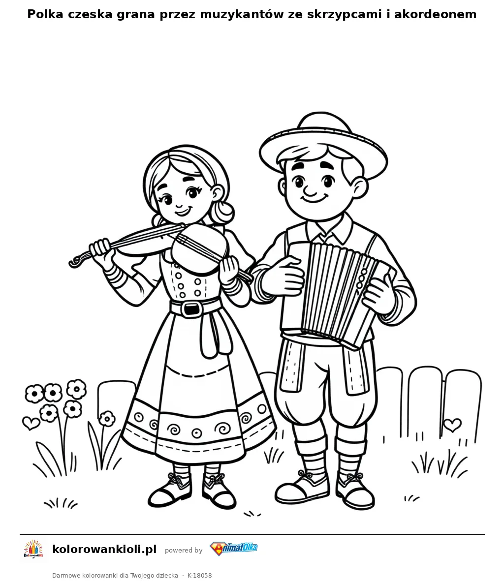 Polka czeska grana przez muzykantów ze skrzypcami i akordeonem — kolorowanka do wydruku dla dzieci