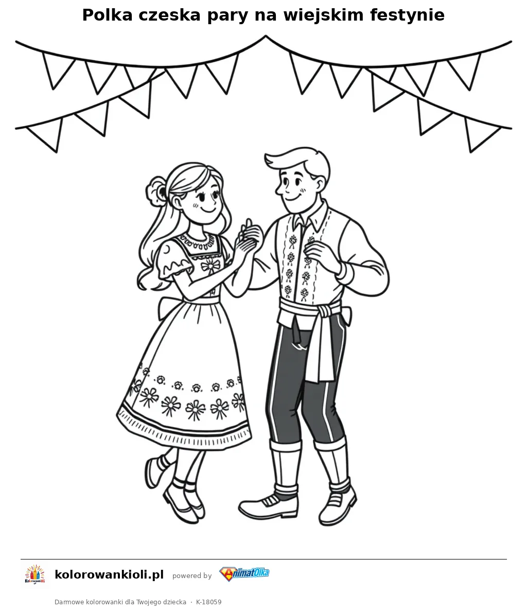 Polka czeska pary na wiejskim festynie — kolorowanka do wydruku dla dzieci