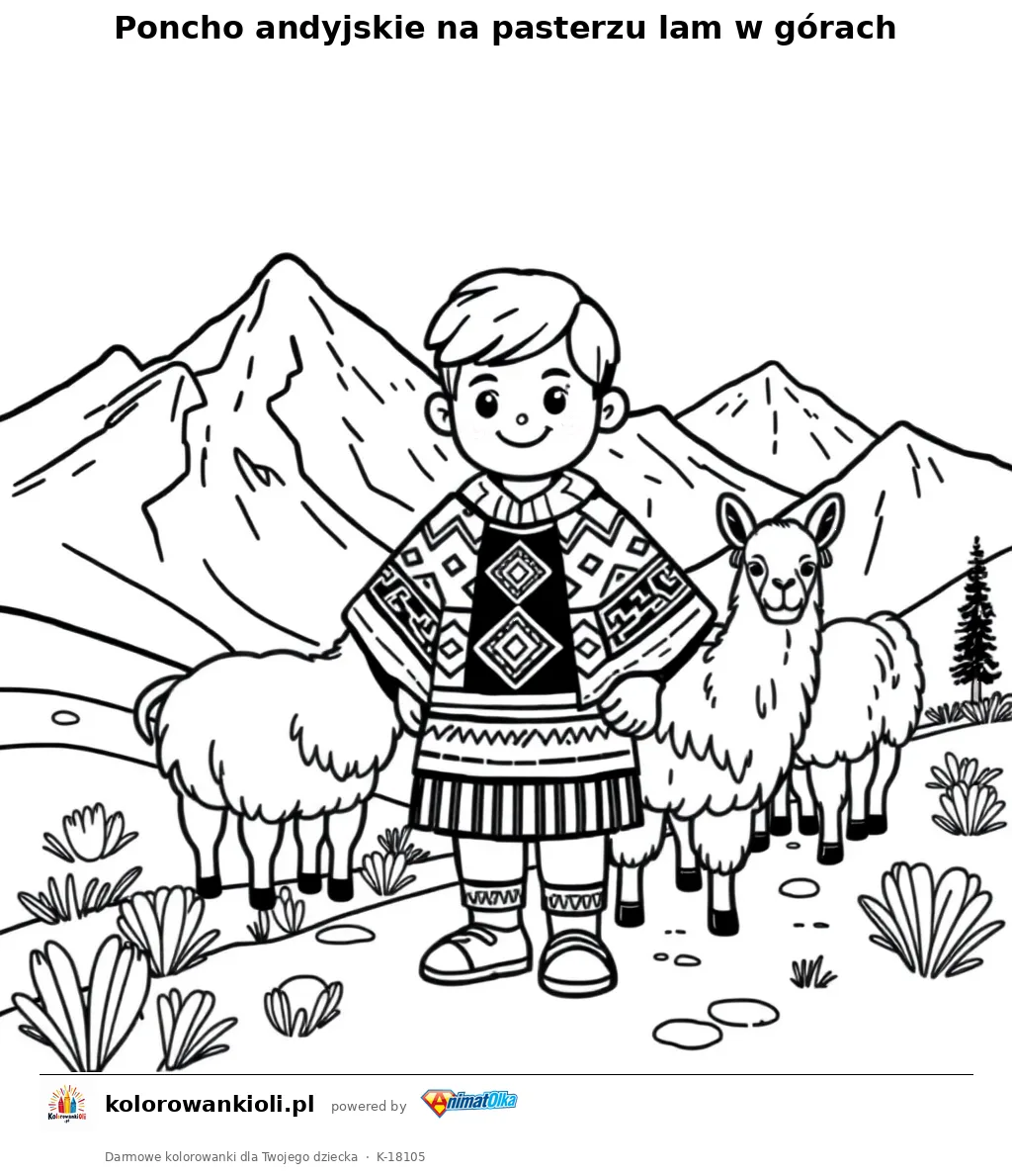 Poncho andyjskie na pasterzu lam w górach — kolorowanka do wydruku dla dzieci