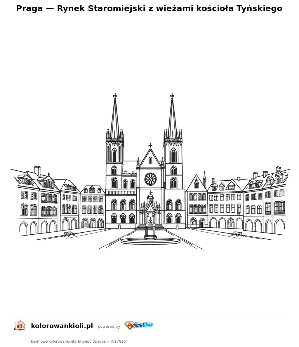 Praga — Rynek Staromiejski z wieżami kościoła Tyńskiego — kolorowanka do wydruku dla dzieci