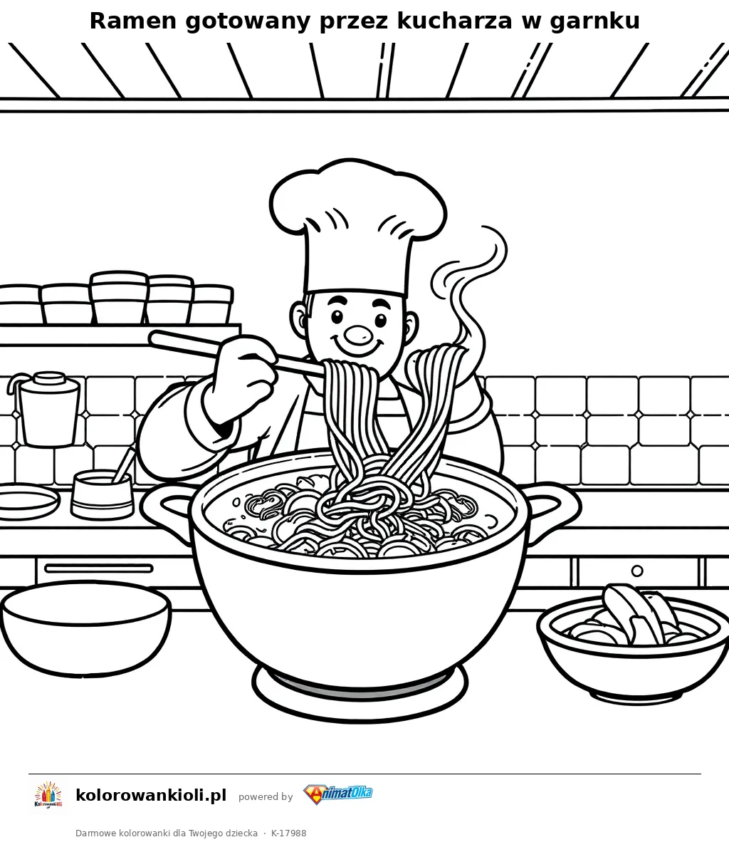 Ramen gotowany przez kucharza w garnku — kolorowanka do wydruku dla dzieci