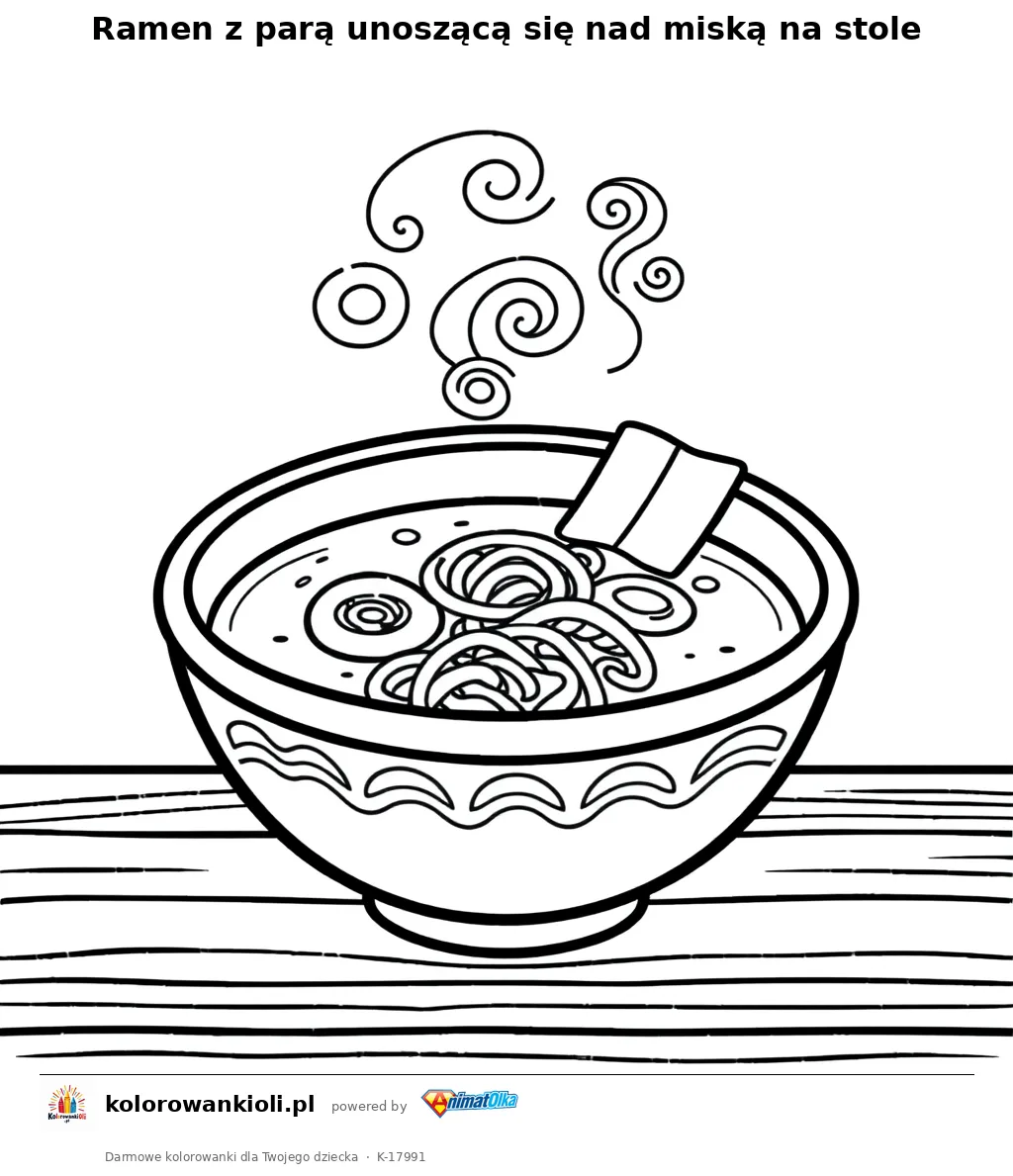 Ramen z parą unoszącą się nad miską na stole — kolorowanka do wydruku dla dzieci