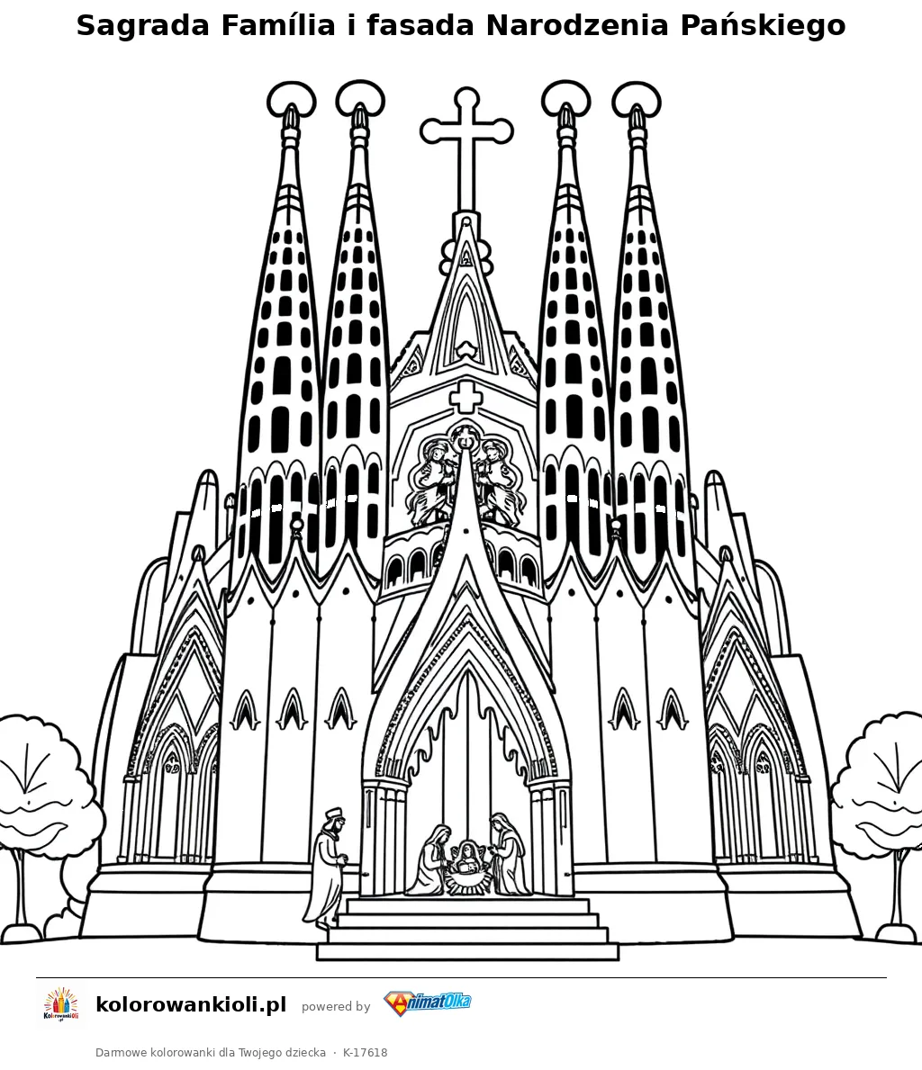 Sagrada Família i fasada Narodzenia Pańskiego — kolorowanka do wydruku dla dzieci