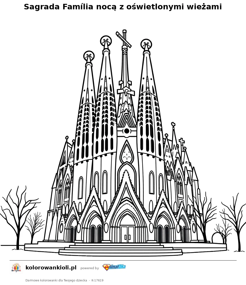 Sagrada Família nocą z oświetlonymi wieżami — kolorowanka do wydruku dla dzieci
