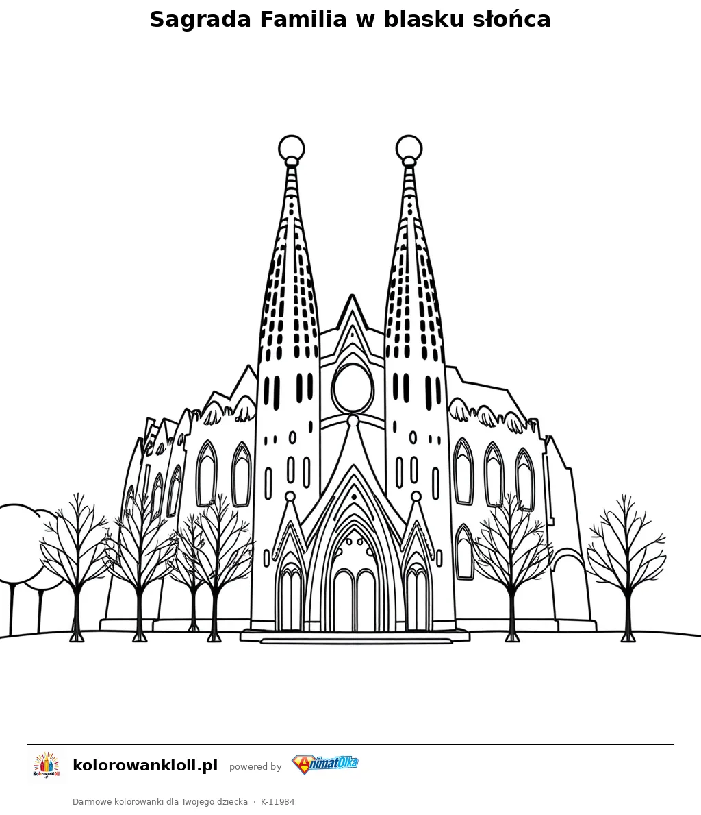 Sagrada Familia w blasku słońca — kolorowanka do wydruku dla dzieci