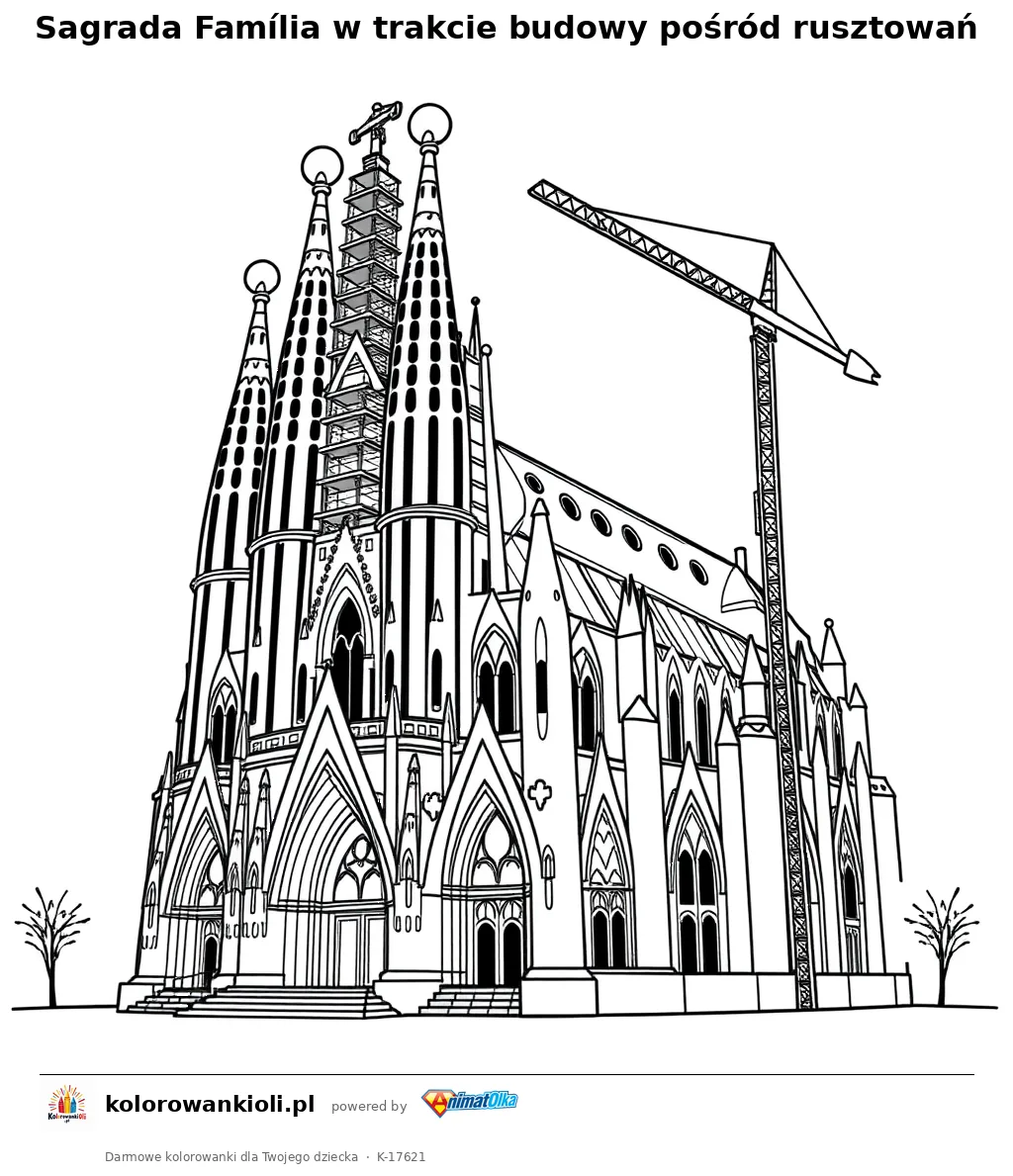 Sagrada Família w trakcie budowy pośród rusztowań — kolorowanka do wydruku dla dzieci