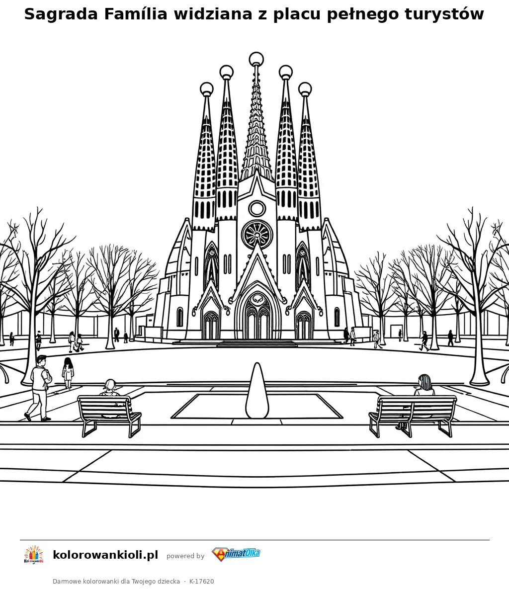 Sagrada Família widziana z placu pełnego turystów — kolorowanka do wydruku dla dzieci